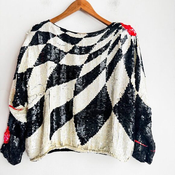 Vintage Siruti Geometric Print black White Orange Sequin Harlequin SILK Top L - Picture 10 of 11